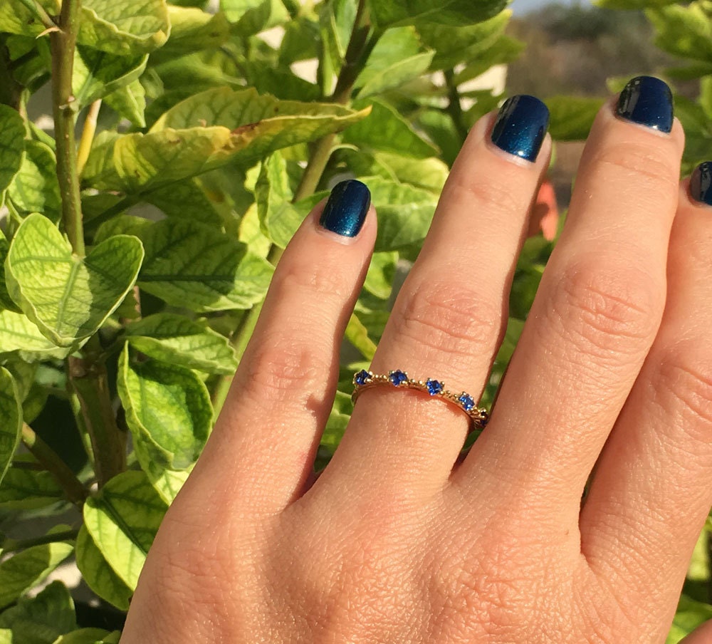 Square Blue Sapphire Five Stone Simple Stacking Ring - H.L.Jewelry