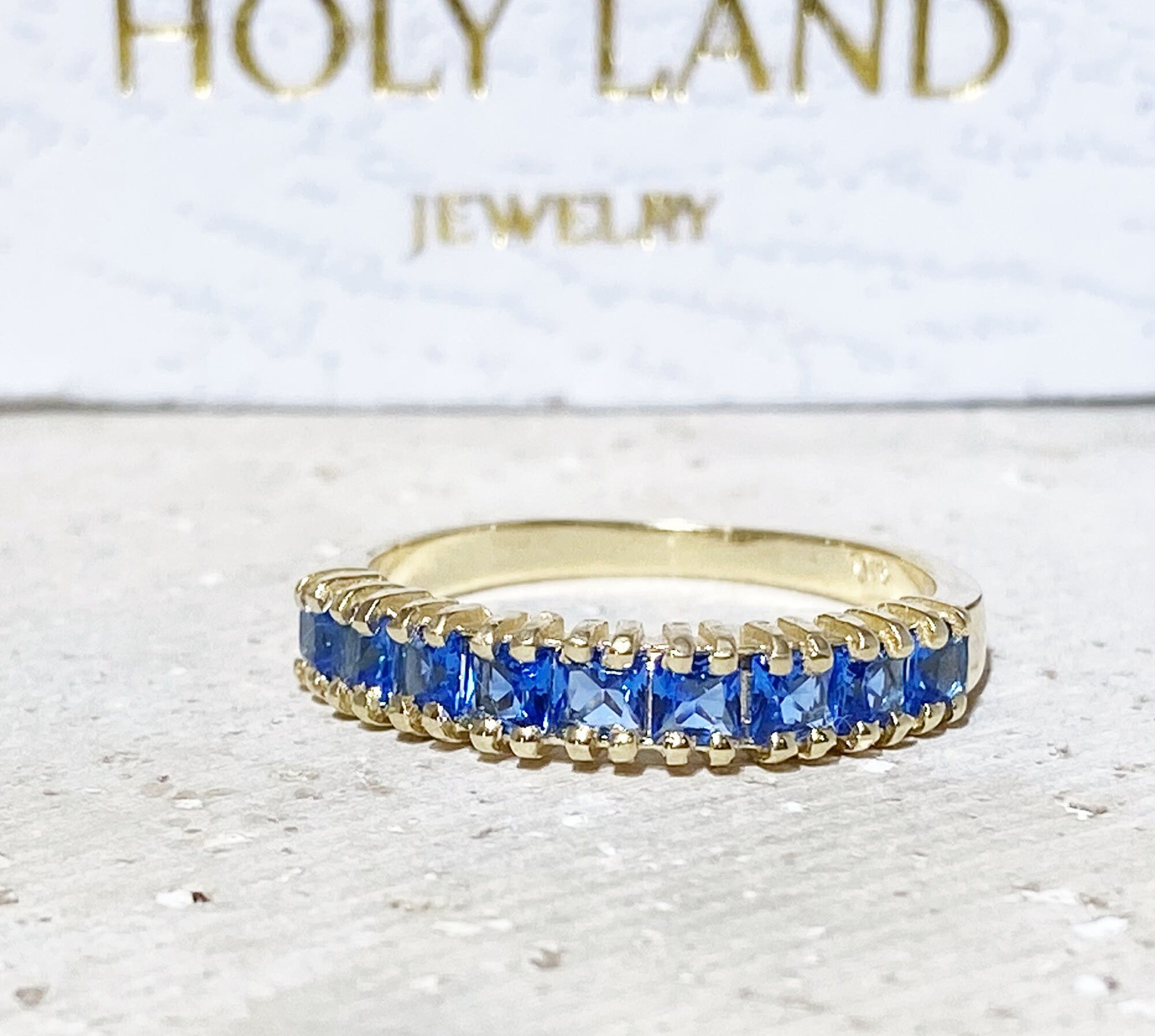 Square Blue Topaz Nine Stone Stacking Half Eternity Ring - H.L.Jewelry