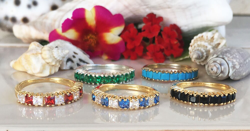 Square Blue Topaz Nine Stone Stacking Half Eternity Ring - H.L.Jewelry