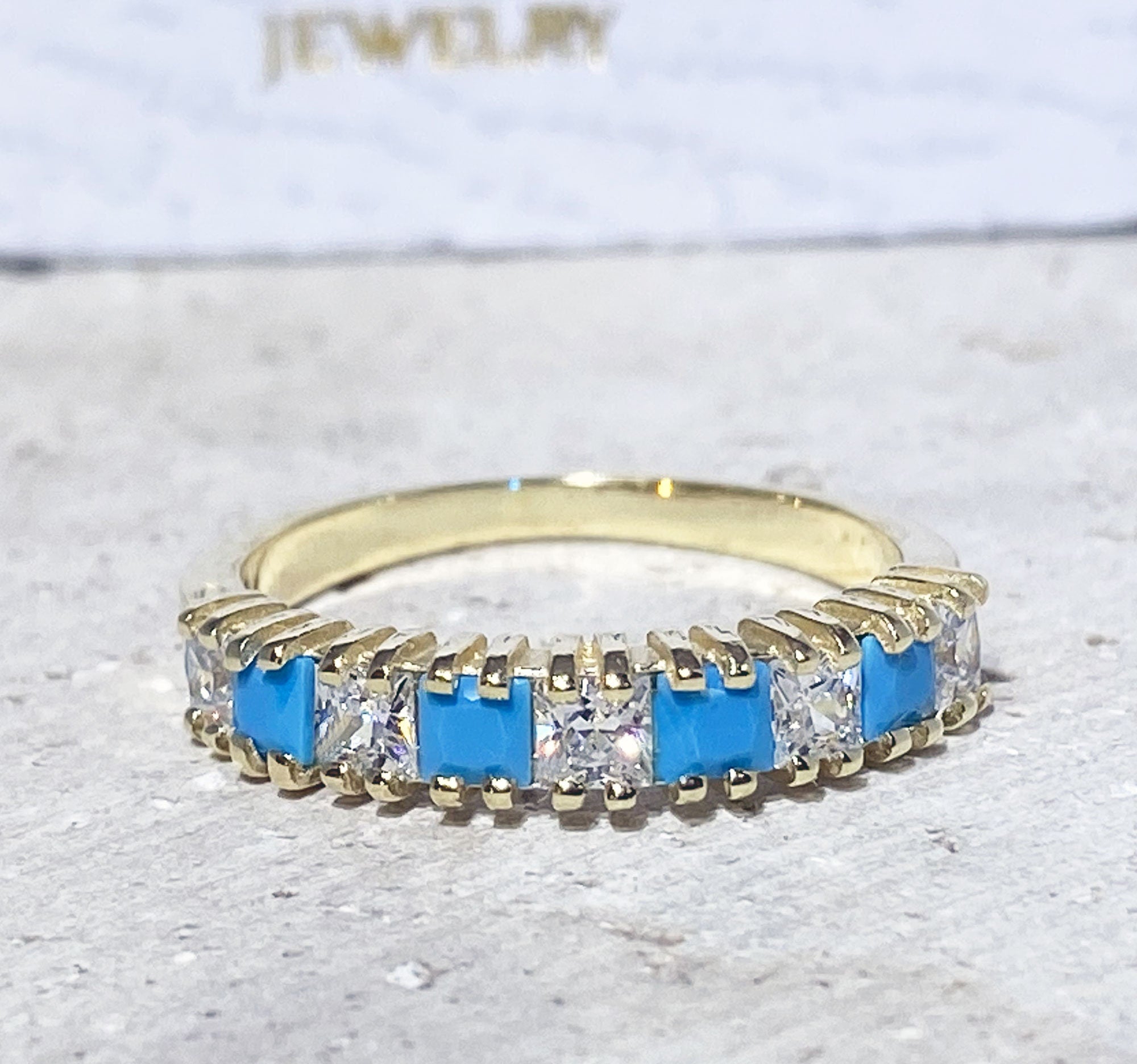 Square Blue Turquoise & Clear Quartz Nine Stone Stacking Half Eternity Ring - H.L.Jewelry