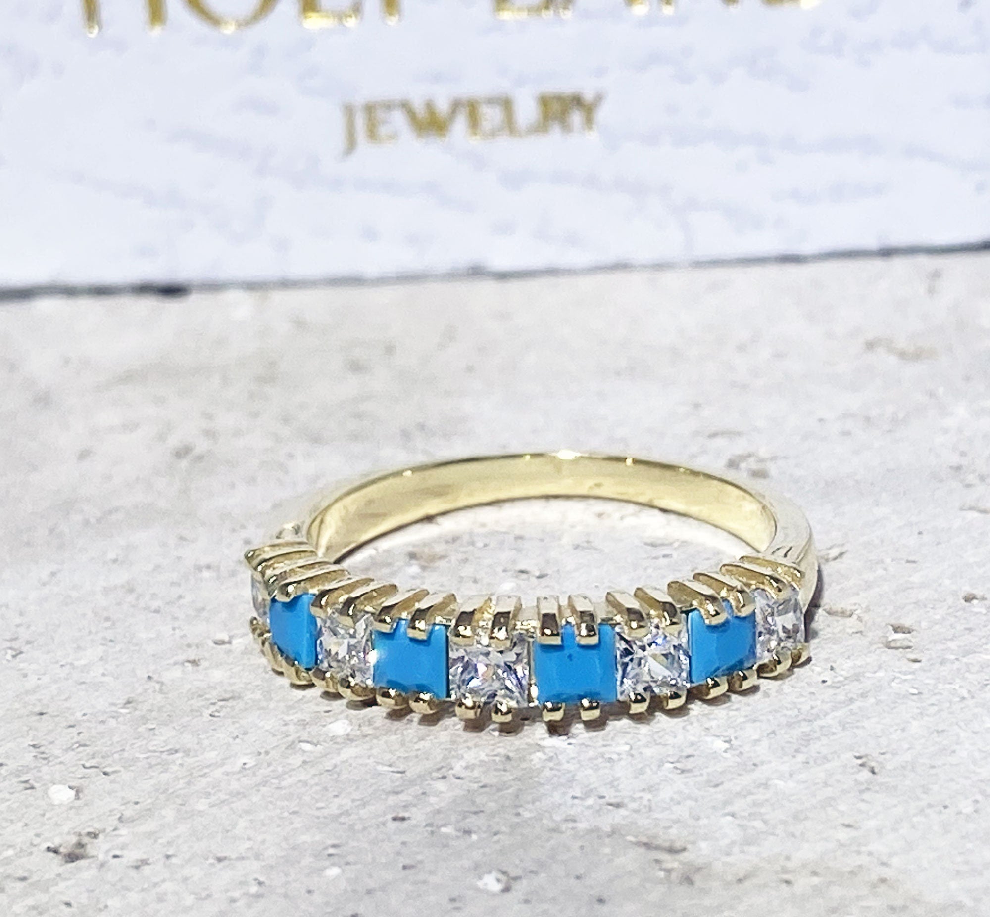 Square Blue Turquoise & Clear Quartz Nine Stone Stacking Half Eternity Ring - H.L.Jewelry