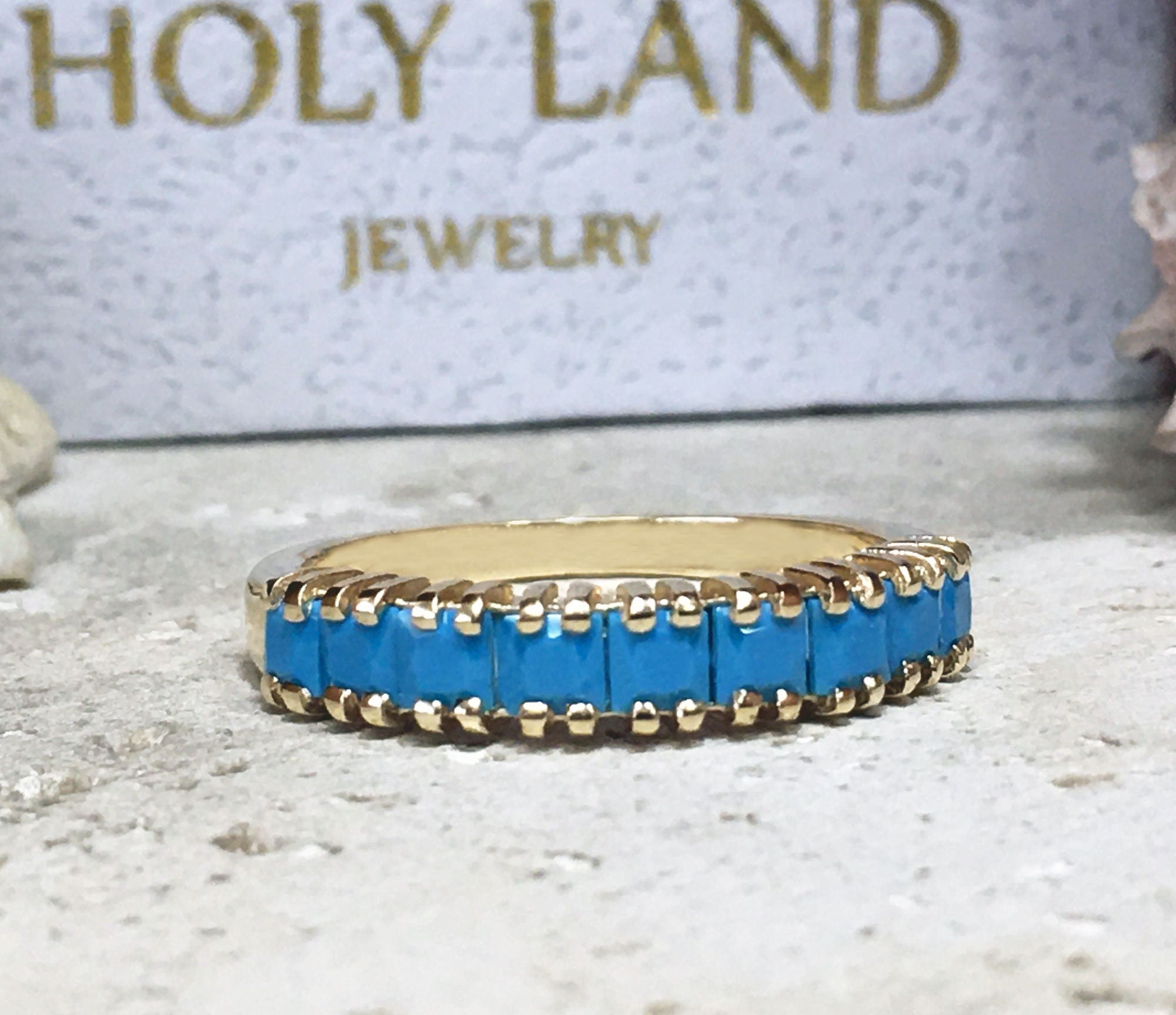 Square Blue Turquoise Nine Stone Stacking Half Eternity Ring - H.L.Jewelry