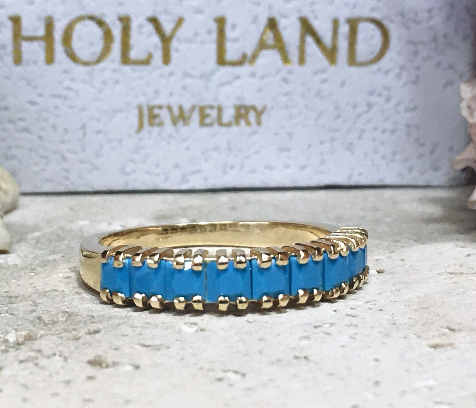 Square Blue Turquoise Nine Stone Stacking Half Eternity Ring - H.L.Jewelry