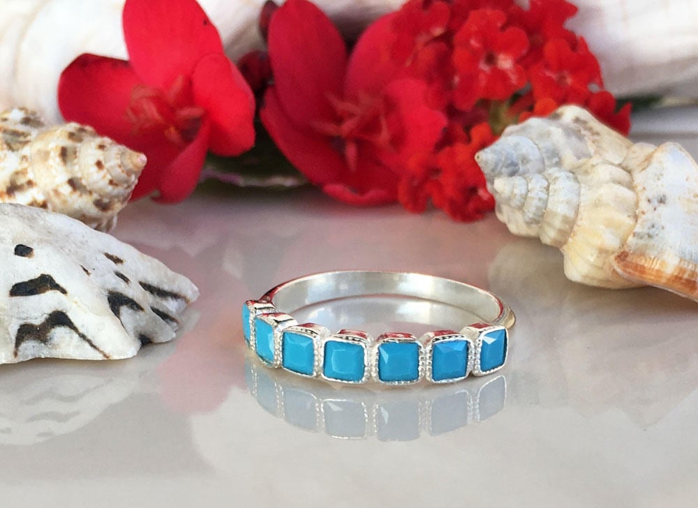 Square Blue Turquoise Seven Stone Stacking Half Eternity Bezel Ring - H.L.Jewelry