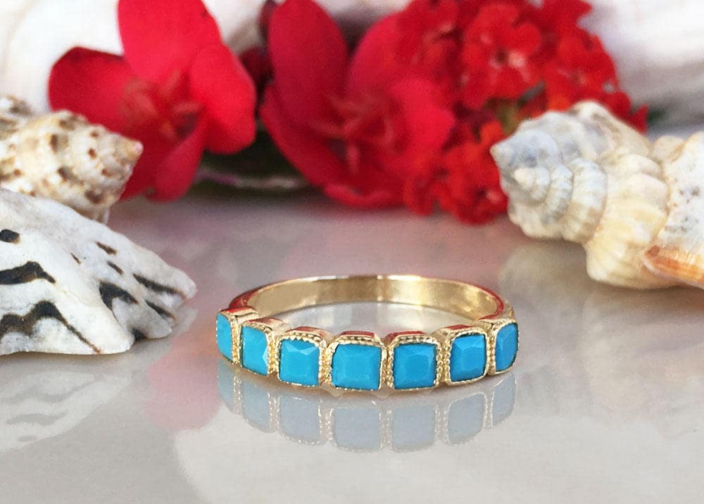 Square Blue Turquoise Seven Stone Stacking Half Eternity Bezel Ring - H.L.Jewelry