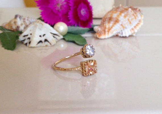 Square Citrine & Round Clear Quartz Hammered Band Adjustable Ring - H.L.Jewelry