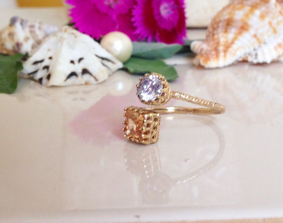 Square Citrine & Round Clear Quartz Hammered Band Adjustable Ring - H.L.Jewelry