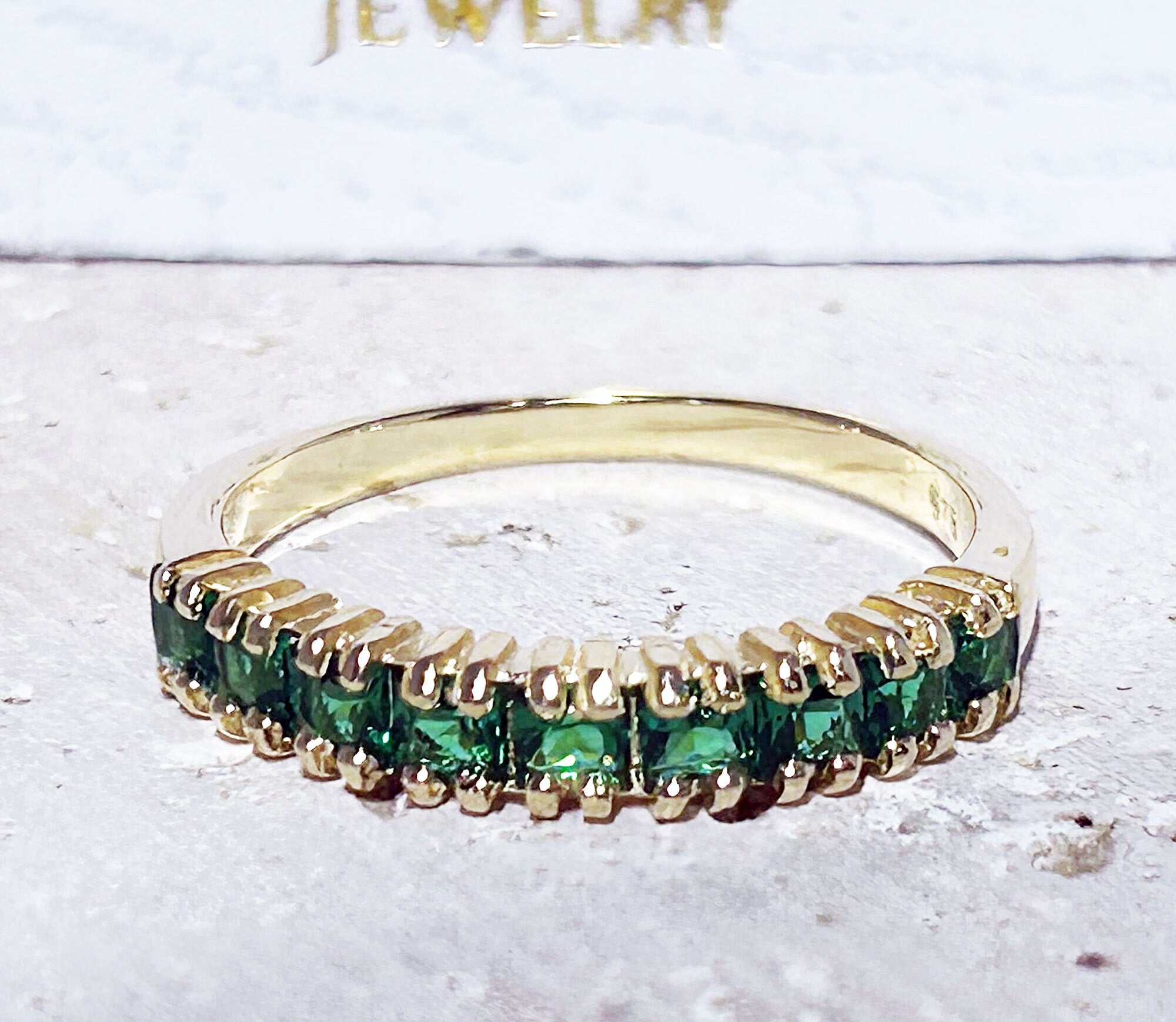 Square Emerald Nine Stone Stacking Half Eternity Ring - H.L.Jewelry
