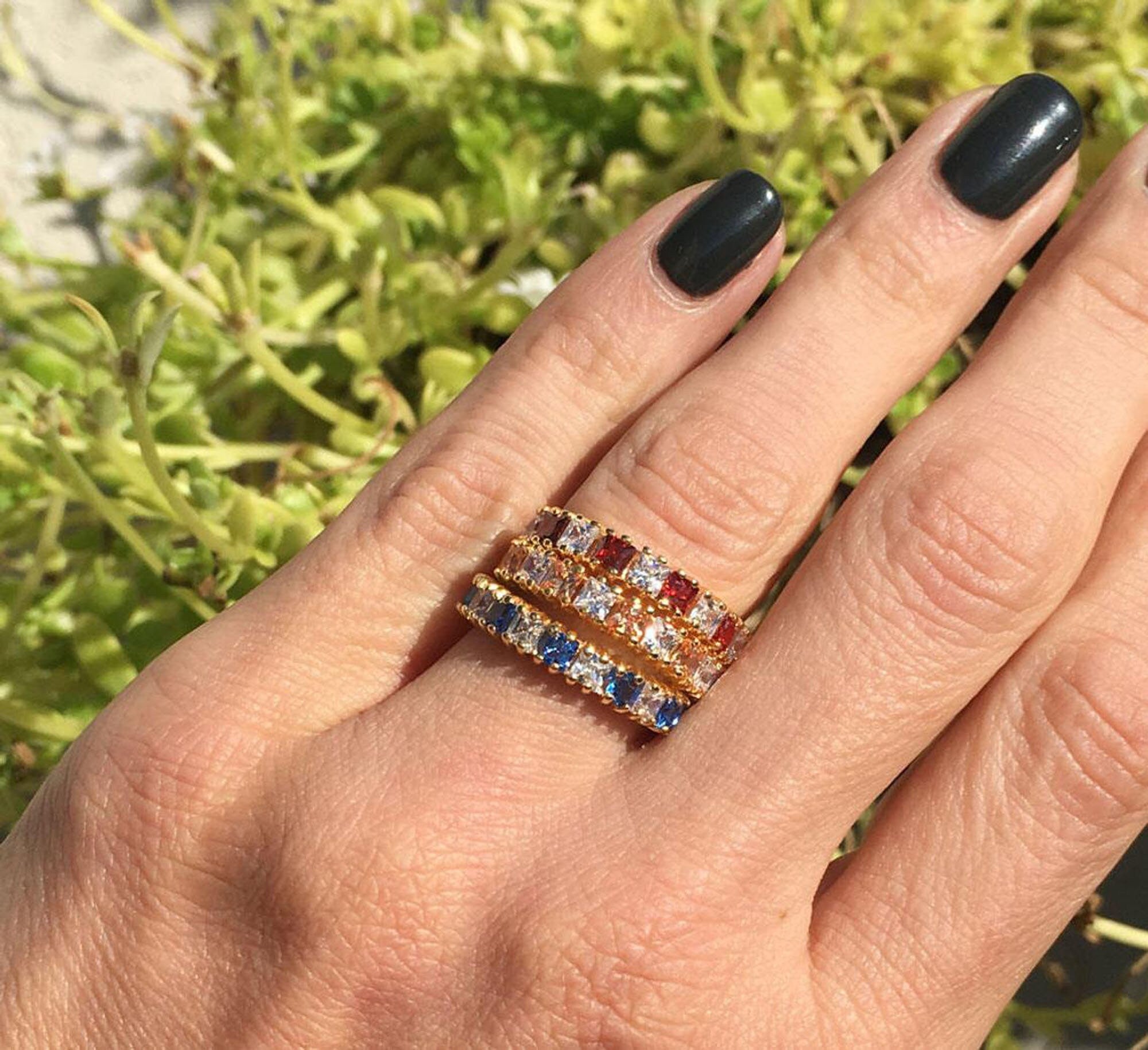 Square Emerald Nine Stone Stacking Half Eternity Ring - H.L.Jewelry