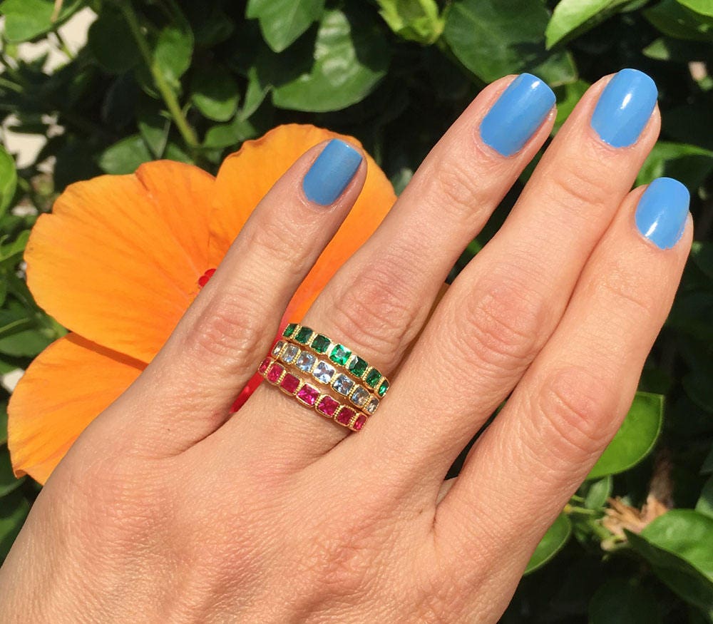 Square Emerald Seven Stone Stacking Half Eternity Ring - H.L.Jewelry