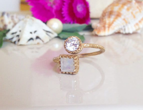 Square Moonstone & Round Clear Quartz Hammered Band Adjustable Ring - H.L.Jewelry