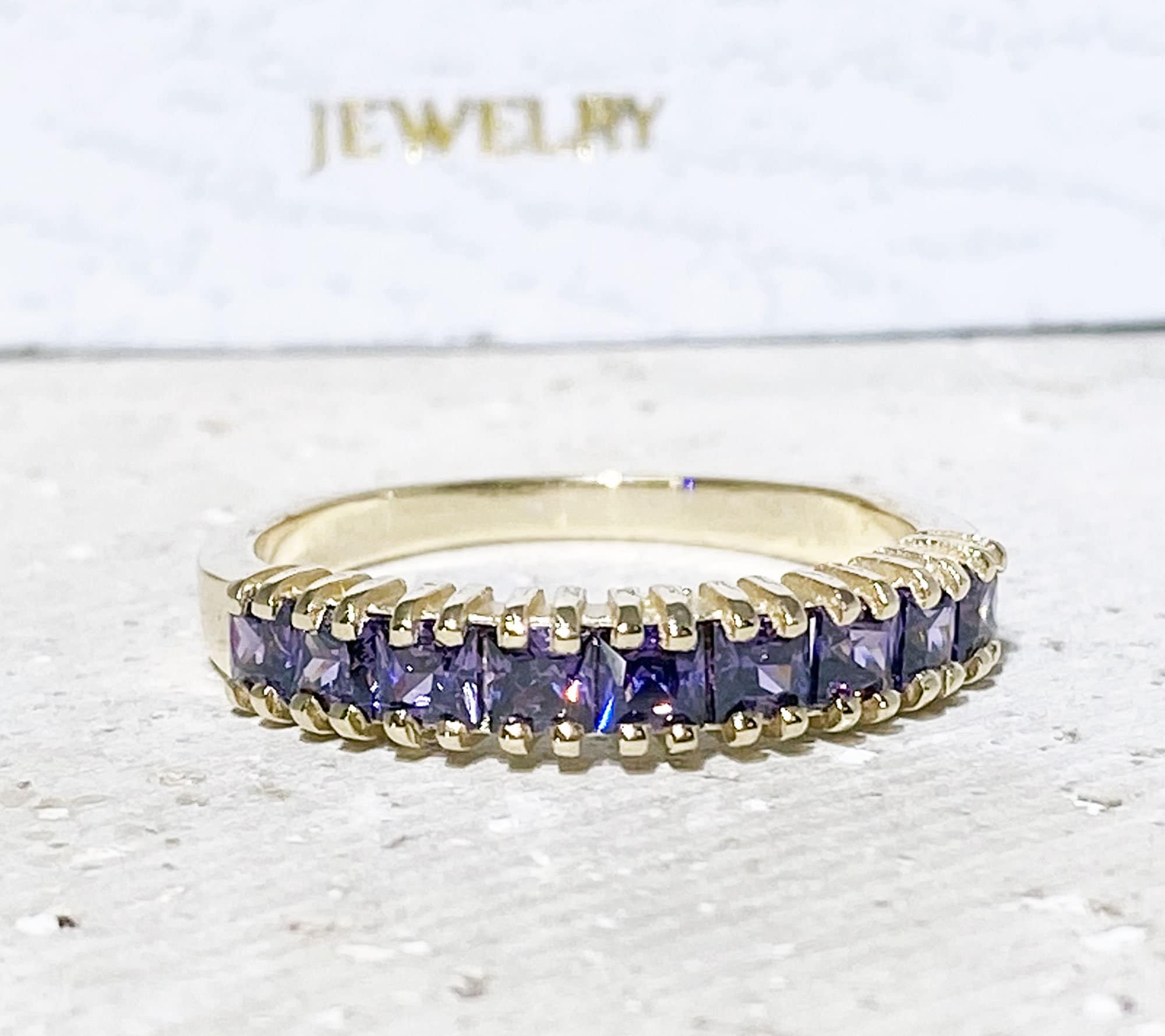 Square Purple Amethyst Nine Stone Stacking Half Eternity Ring - H.L.Jewelry
