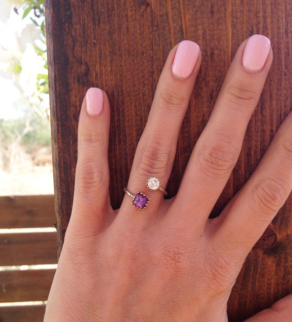 Square Purple Amethyst & Round Clear Quartz Hammered Band Adjustable Ring - H.L.Jewelry