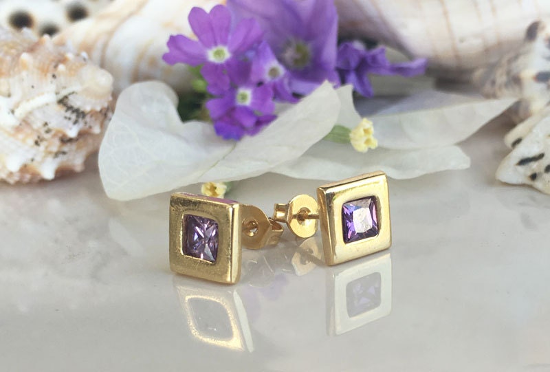 Square Purple Amethyst Simple Stud Earrings | February Birthstone - H.L.Jewelry