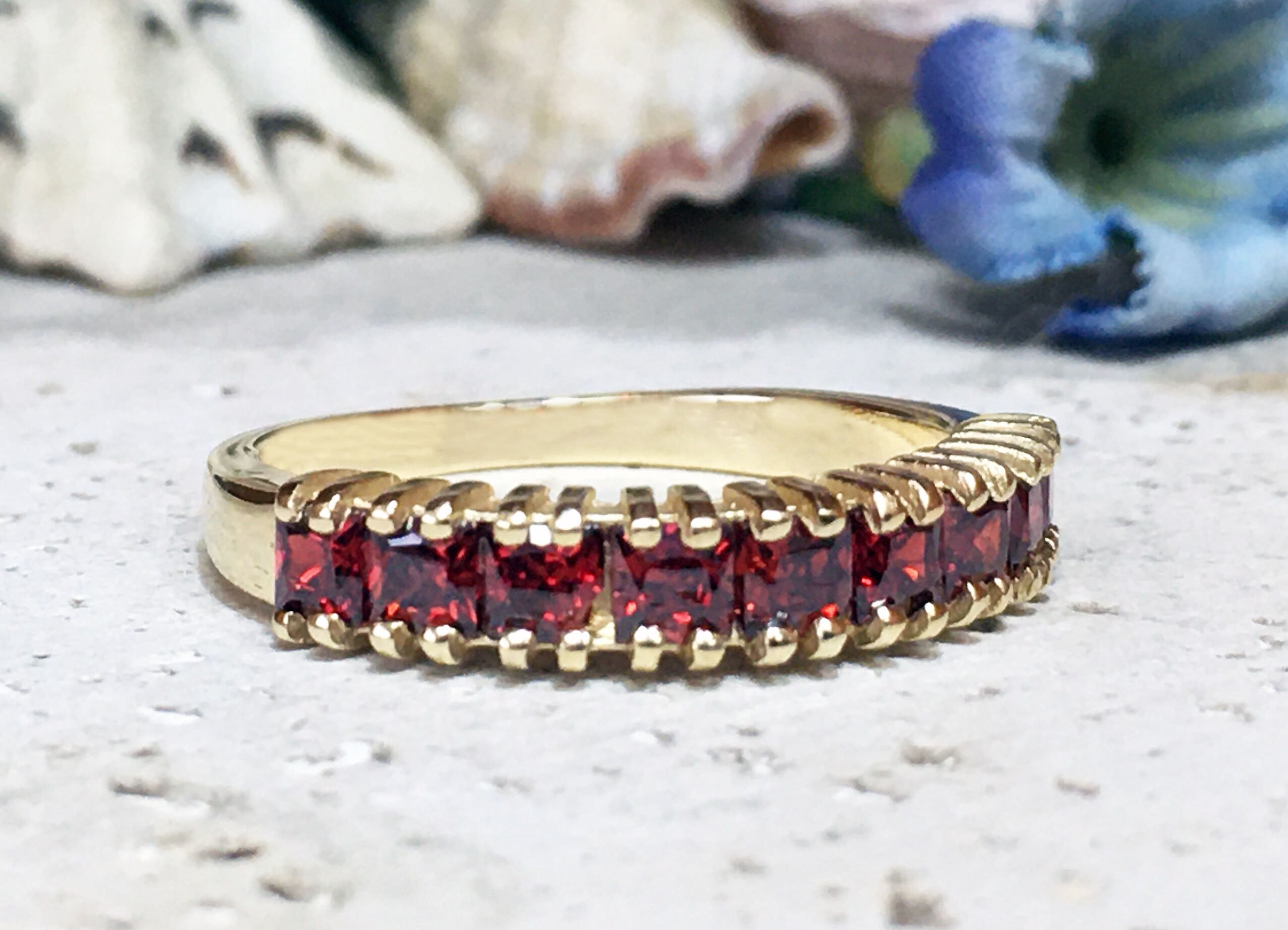 Square Red Garnet Nine Stone Half Eternity Stacking Ring - H.L.Jewelry