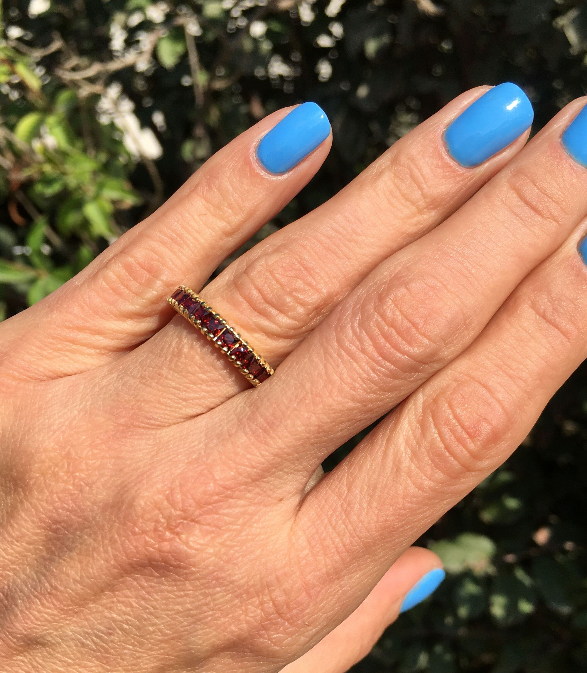 Square Red Garnet Nine Stone Half Eternity Stacking Ring - H.L.Jewelry