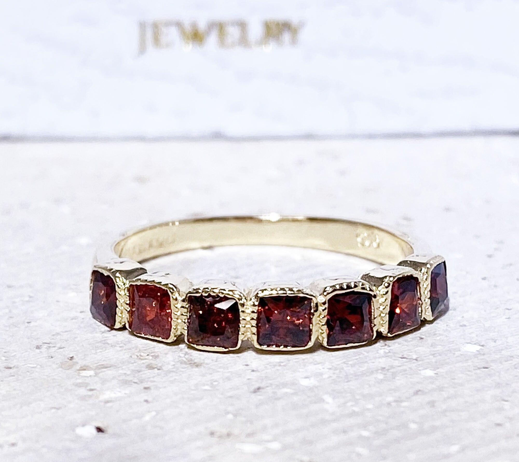 Square Red Garnet Seven Stone Stacking Half Eternity Bezel Ring - H.L.Jewelry
