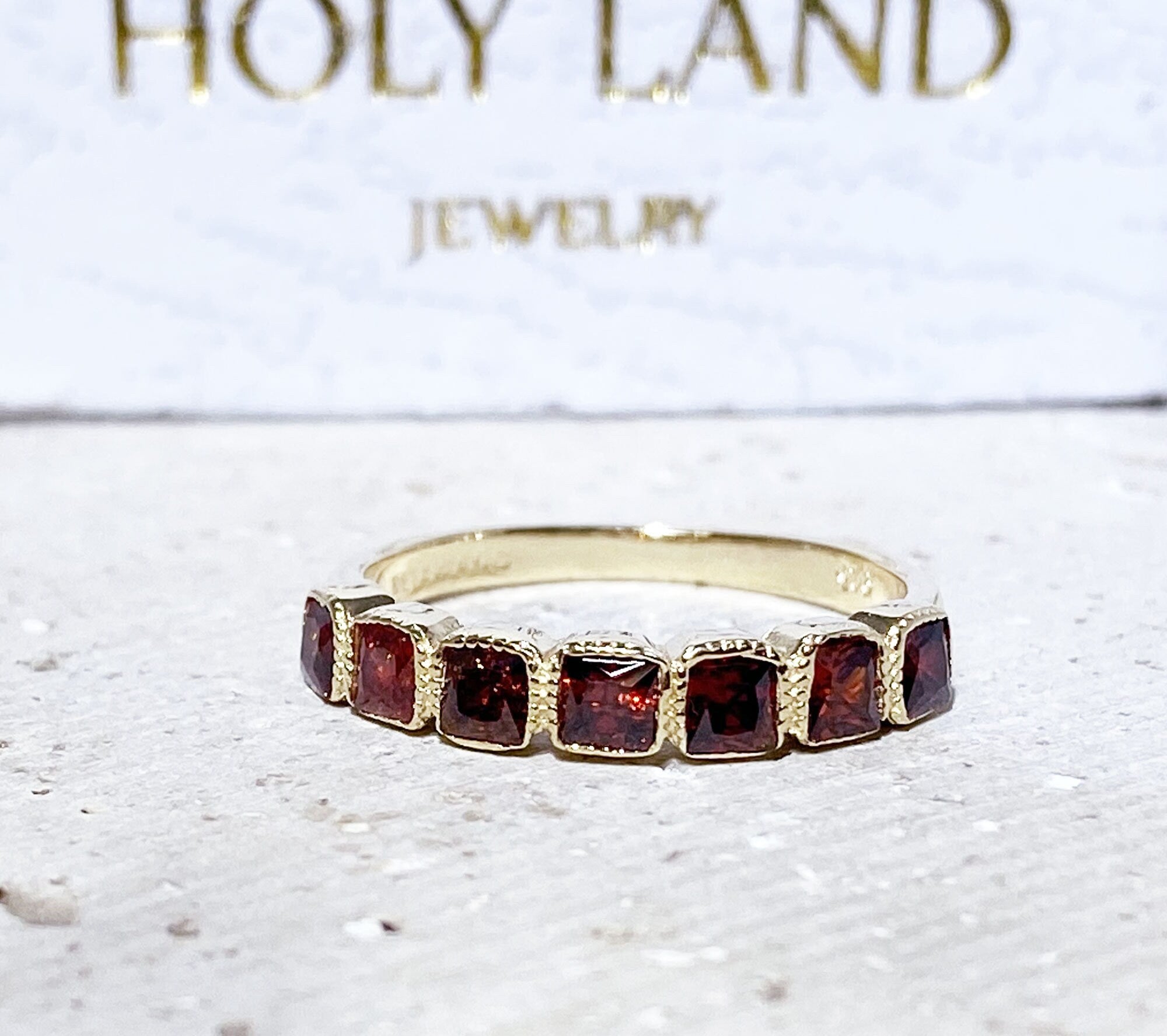 Square Red Garnet Seven Stone Stacking Half Eternity Bezel Ring - H.L.Jewelry