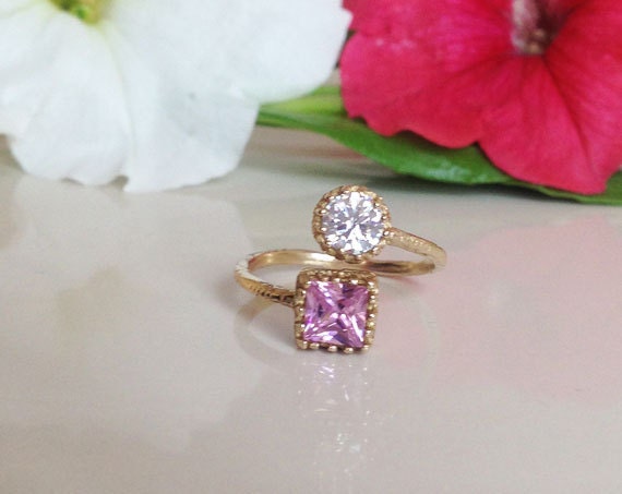 Square Rose Quartz & Round Clear Quartz Hammered Band Adjustable Ring - H.L.Jewelry