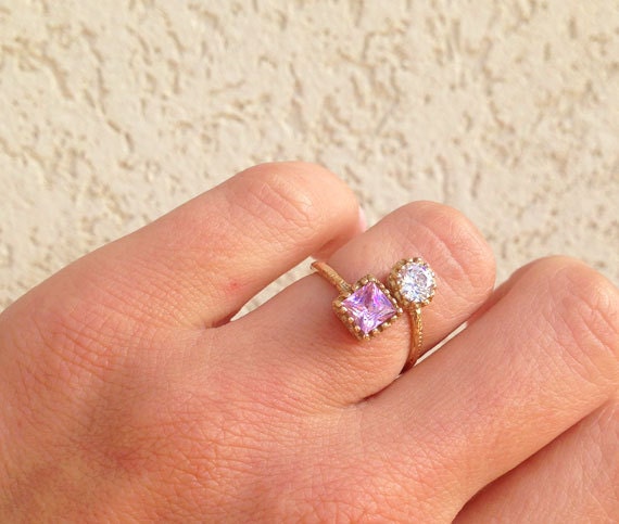 Square Rose Quartz & Round Clear Quartz Hammered Band Adjustable Ring - H.L.Jewelry