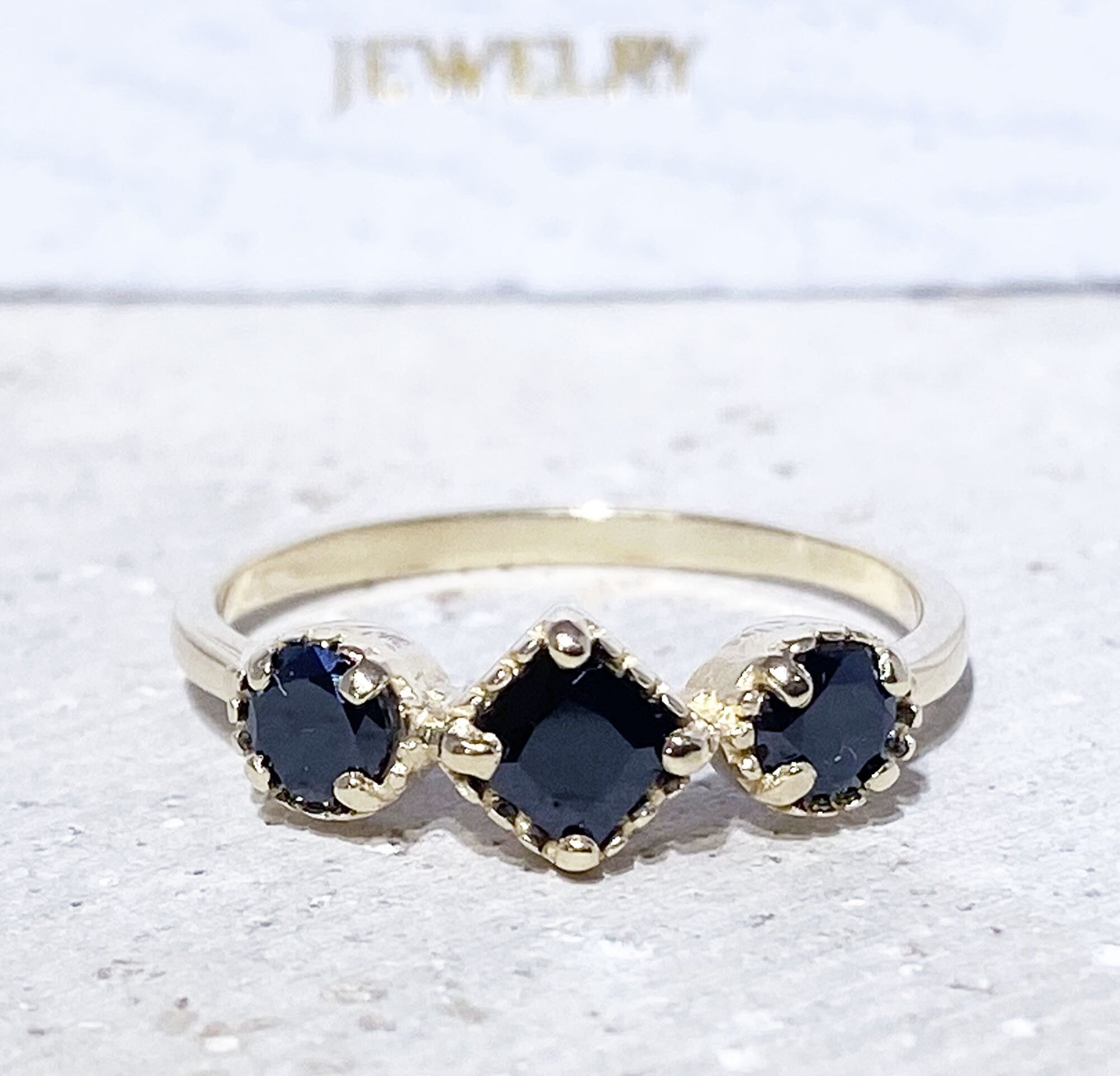 Square & Round Black Onyx Three Stone Modern Ring - H.L.Jewelry