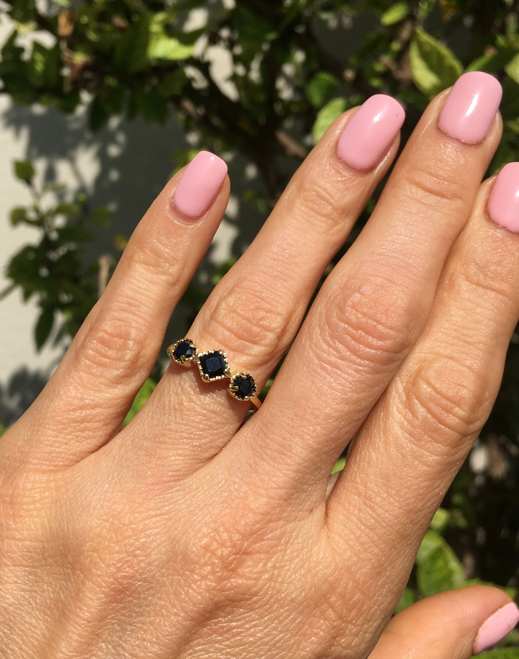 Square & Round Black Onyx Three Stone Modern Ring - H.L.Jewelry