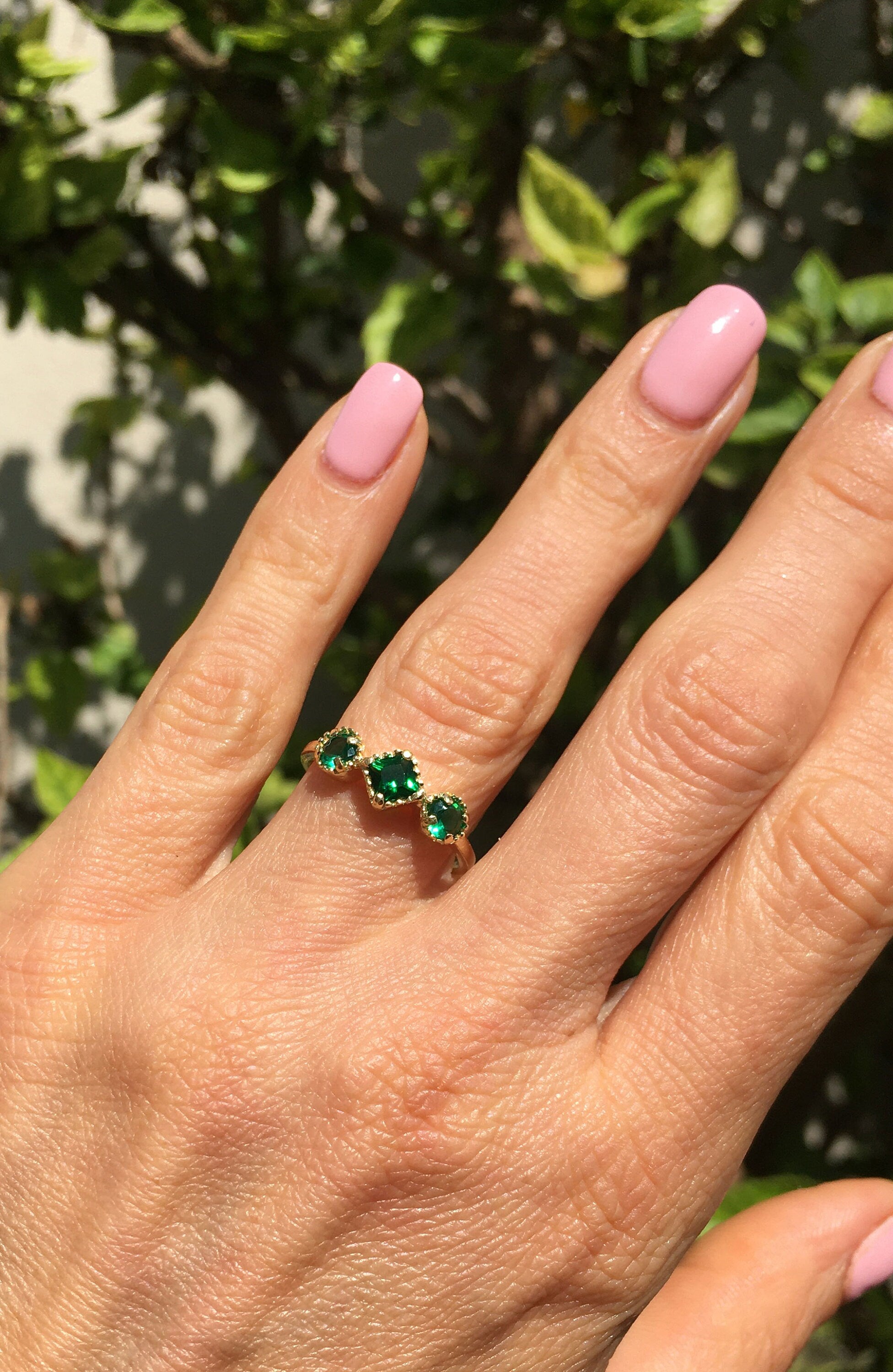 Square & Round Emerald Three Stone Modern Ring - H.L.Jewelry