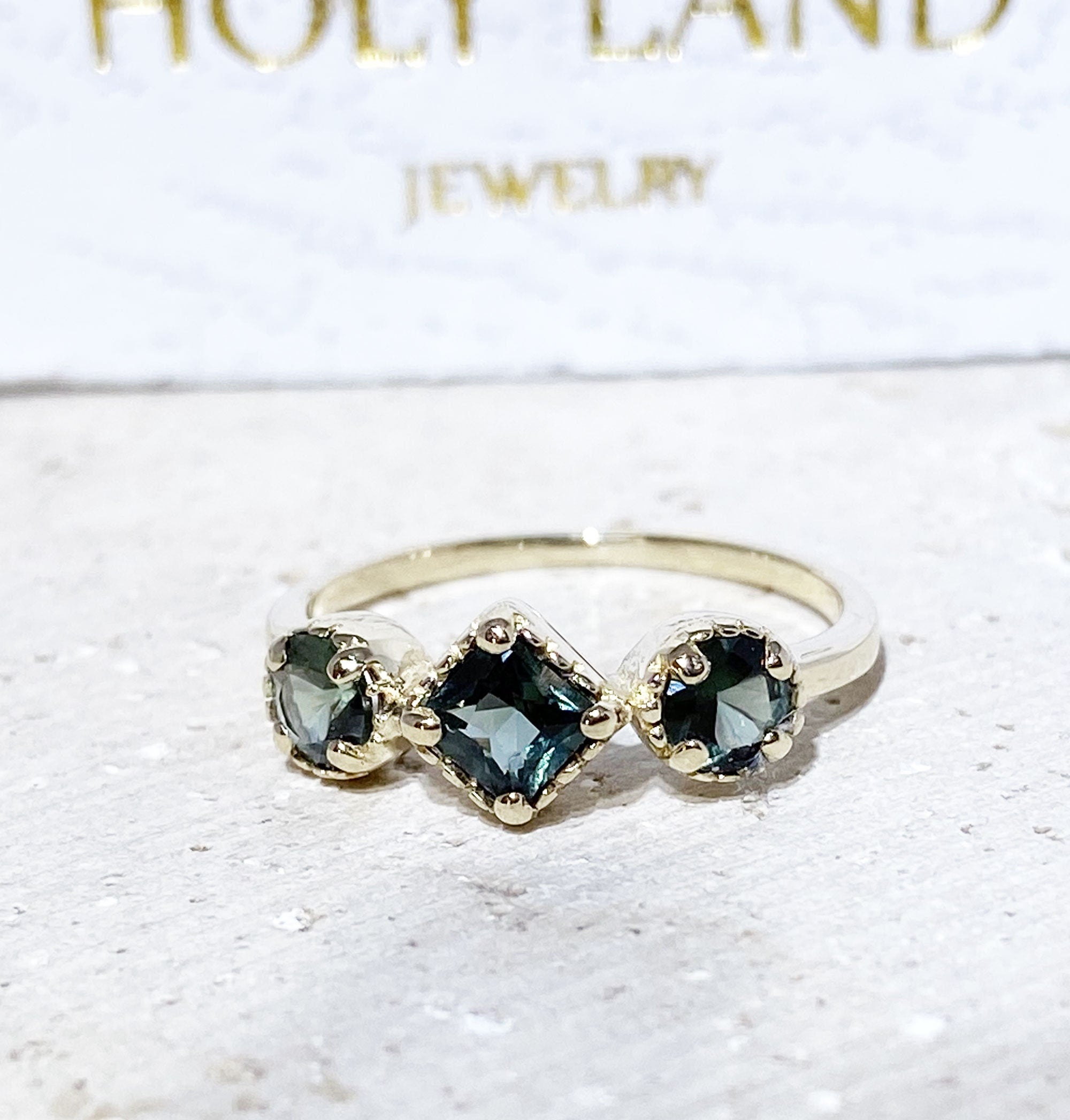 Square & Round Green Tourmaline Three Stone Modern Ring - H.L.Jewelry