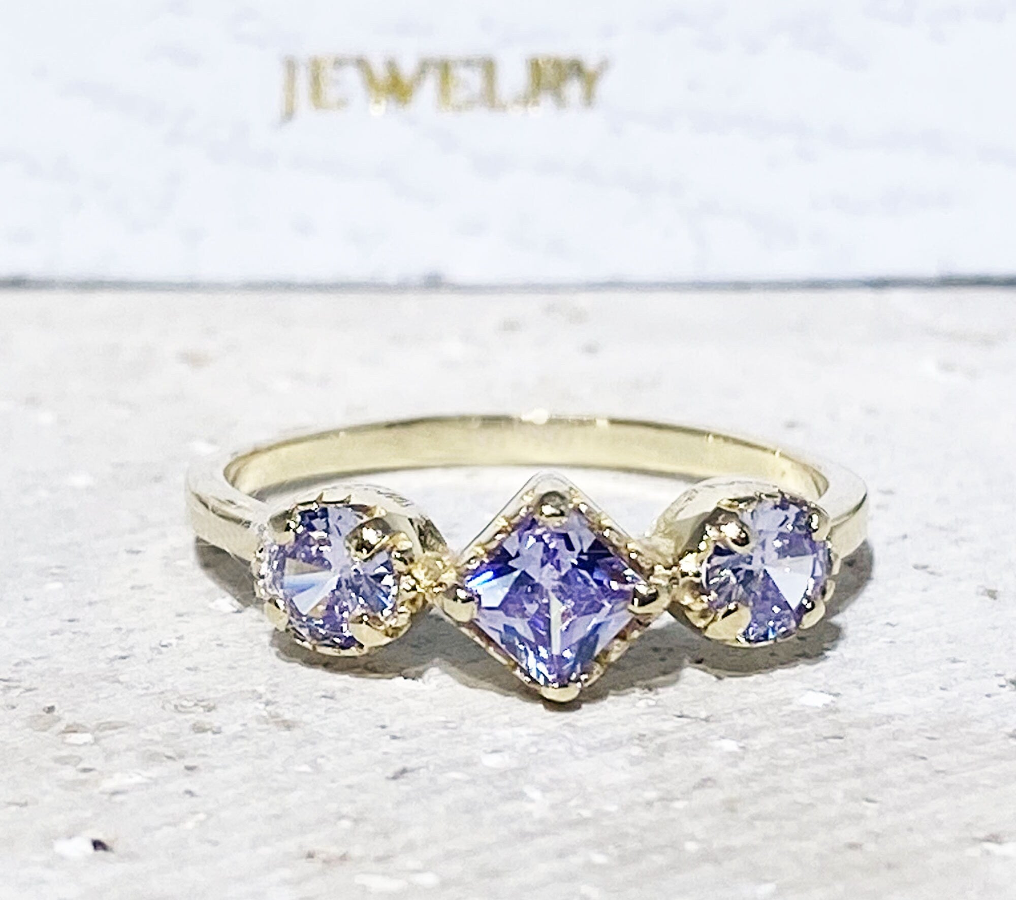 Square & Round Lavender Amethyst Three Stone Modern Ring - H.L.Jewelry