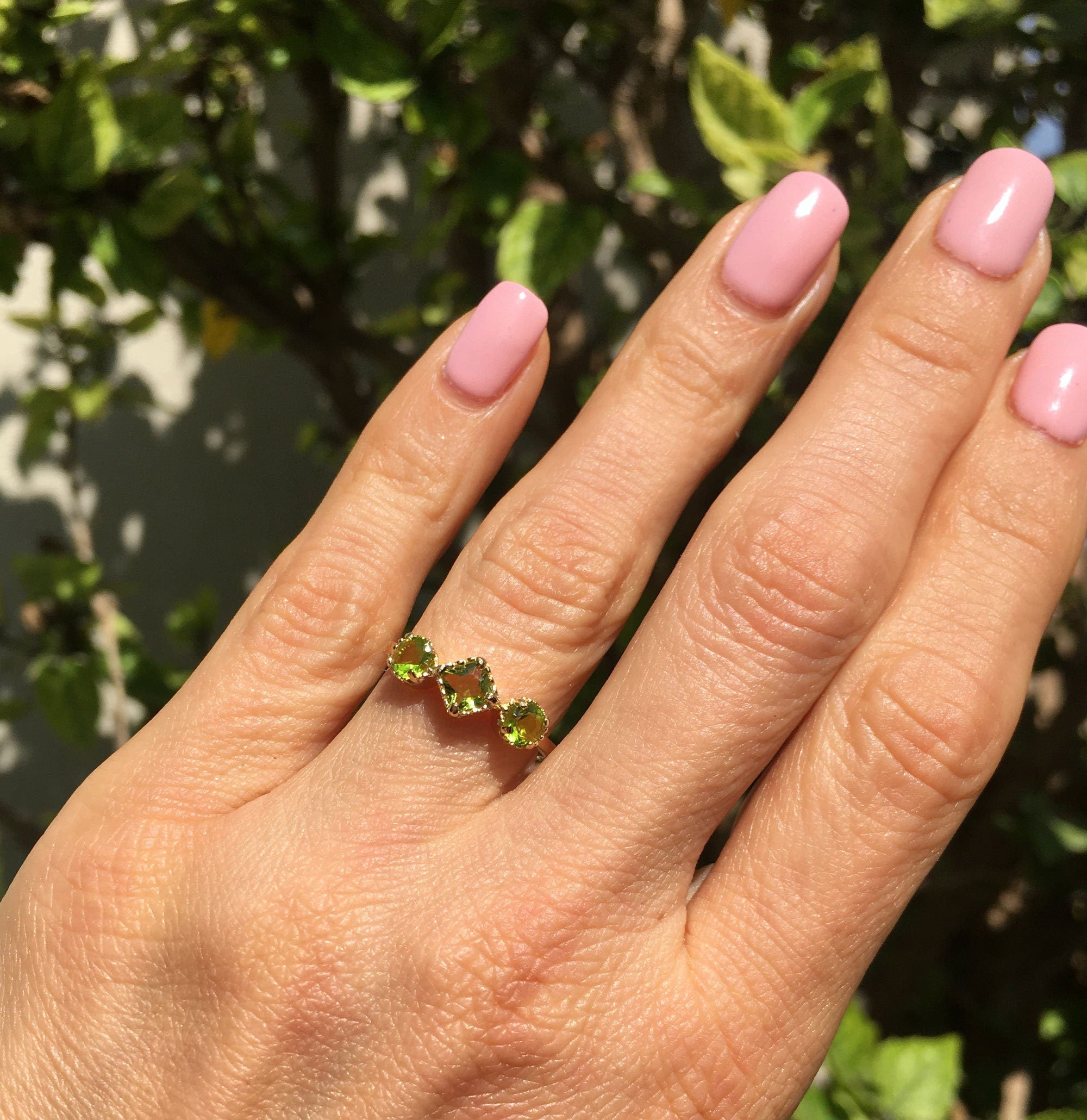 Square & Round Peridot Three Stone Modern Ring - H.L.Jewelry