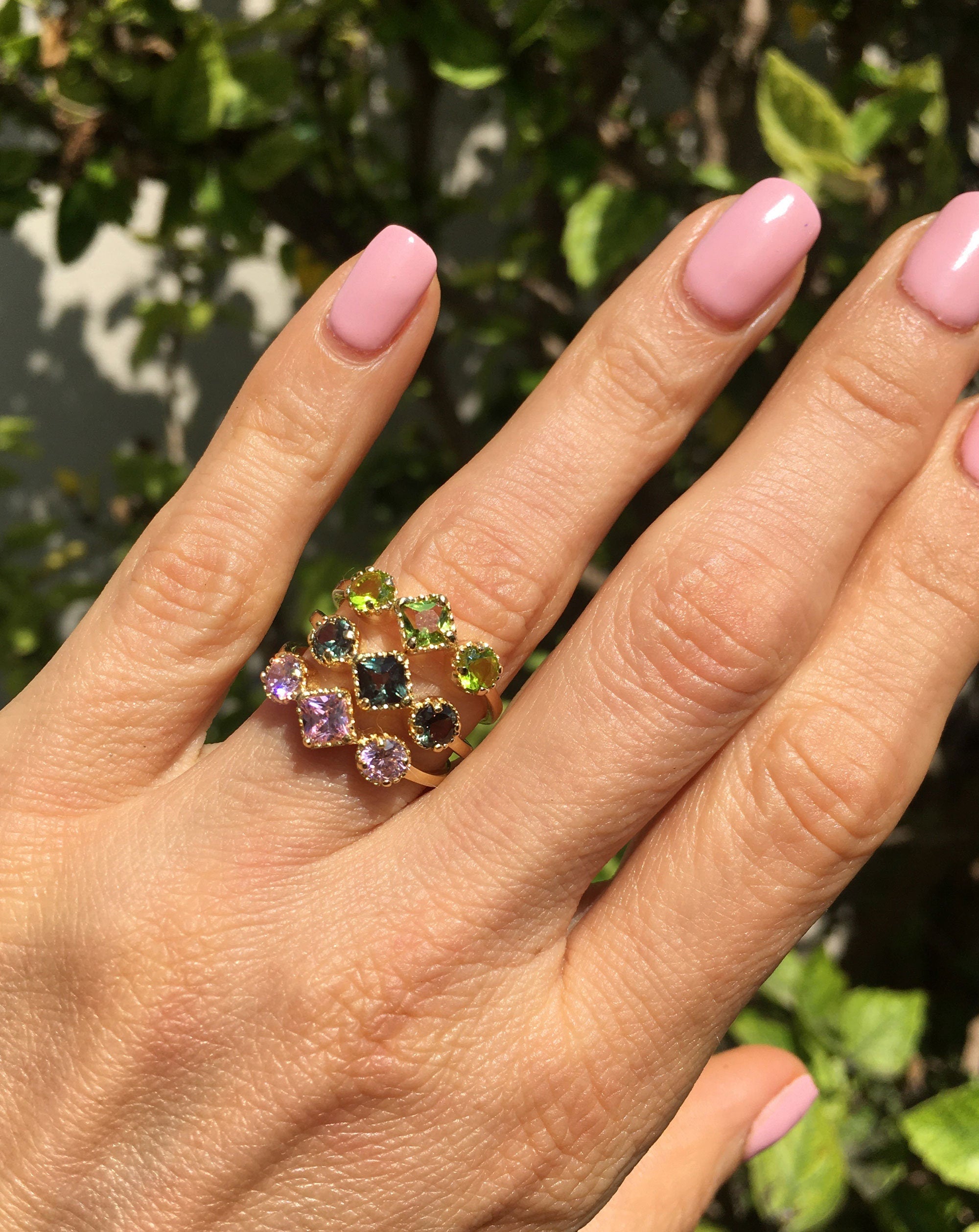 Square & Round Peridot Three Stone Modern Ring - H.L.Jewelry