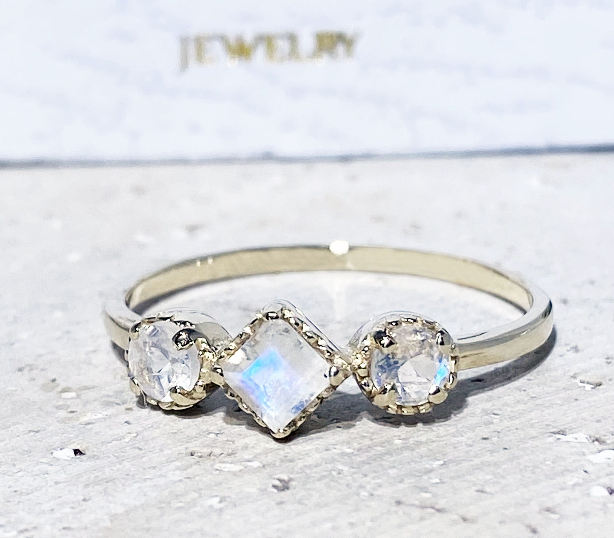 Square & Round Rainbow Moonstone Three Stone Modern Ring - H.L.Jewelry