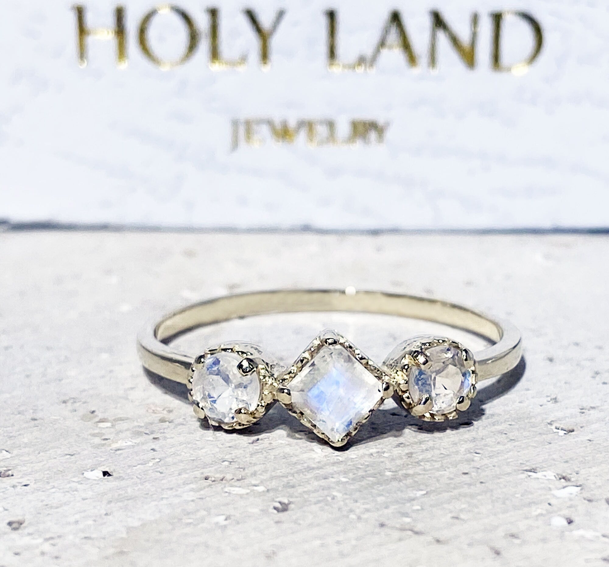 Square & Round Rainbow Moonstone Three Stone Modern Ring - H.L.Jewelry