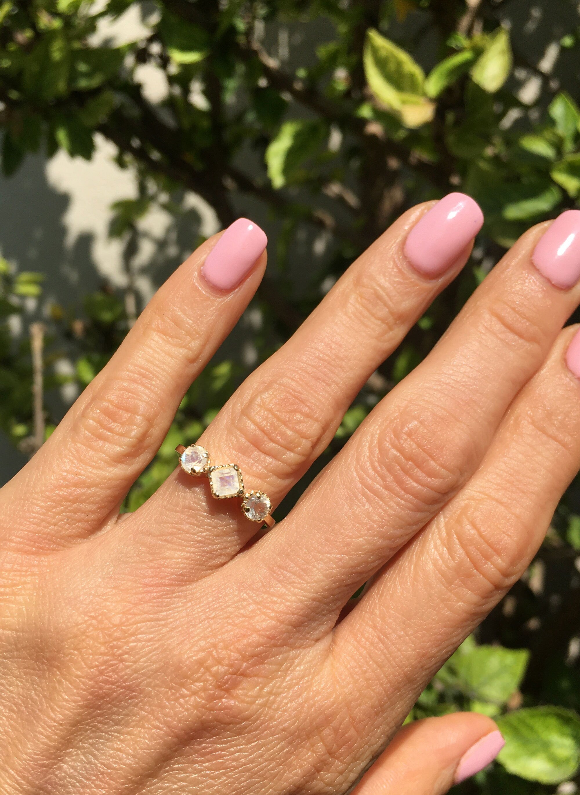 Square & Round Rainbow Moonstone Three Stone Modern Ring - H.L.Jewelry