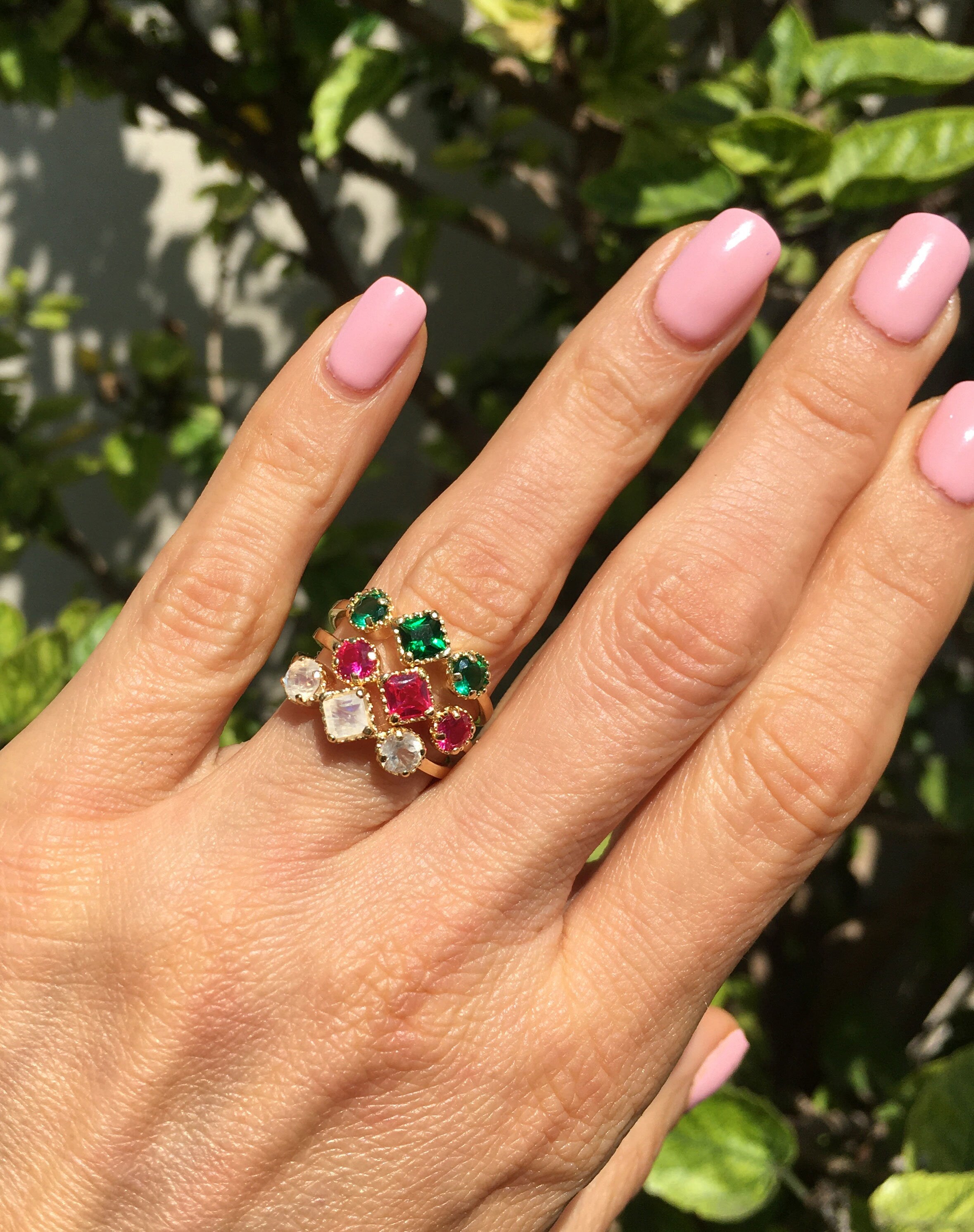Square & Round Rainbow Moonstone Three Stone Modern Ring - H.L.Jewelry