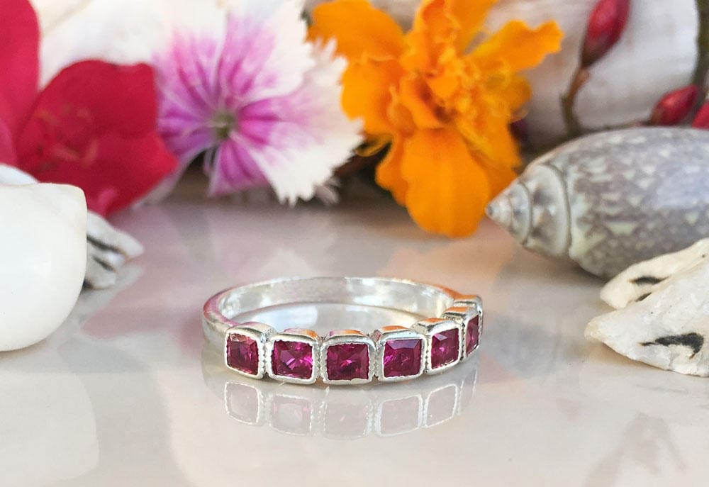 Square Ruby Seven-Stone Stacking Half Eternity Bezel Ring - H.L.Jewelry