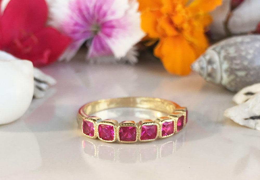 Square Ruby Seven-Stone Stacking Half Eternity Bezel Ring - H.L.Jewelry