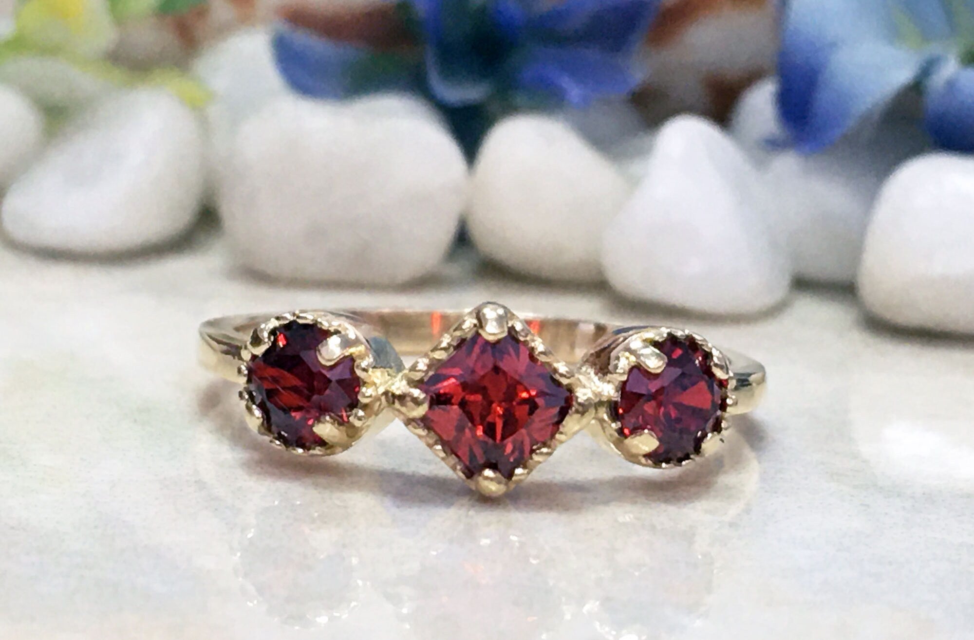Square and Round Red Garnet Three-Stone Ring - H.L.Jewelry