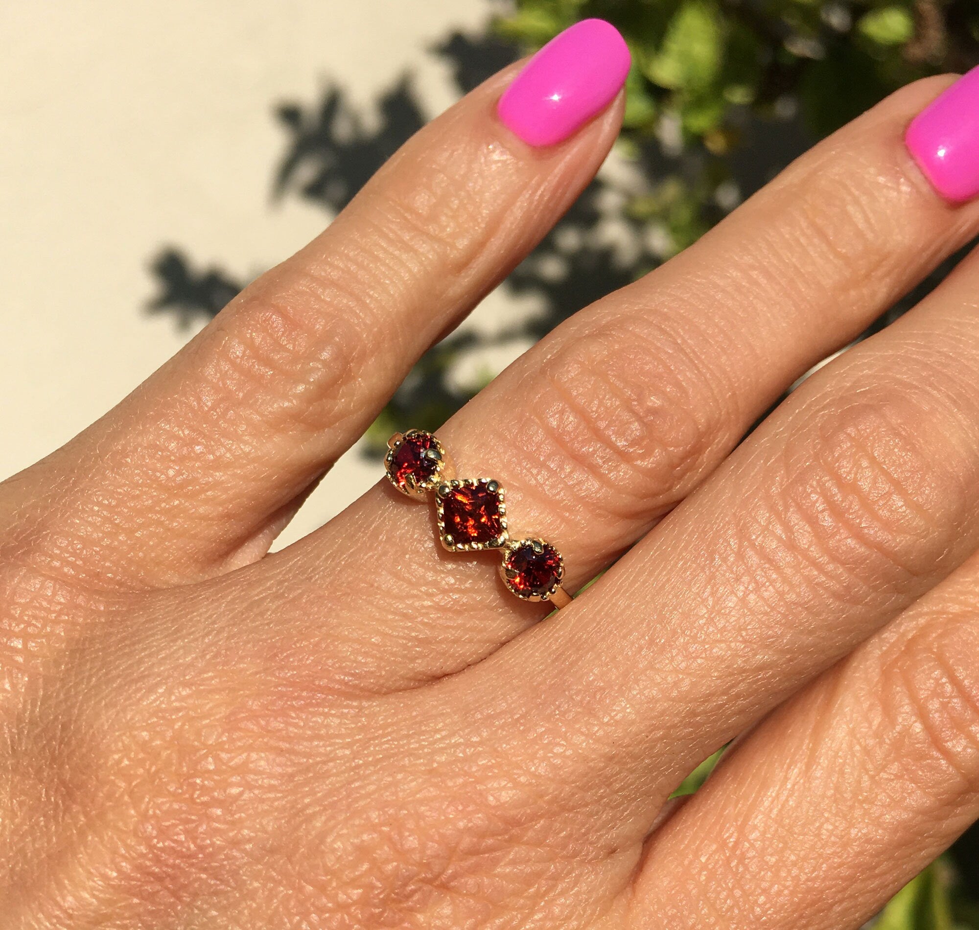 Square and Round Red Garnet Three-Stone Ring - H.L.Jewelry