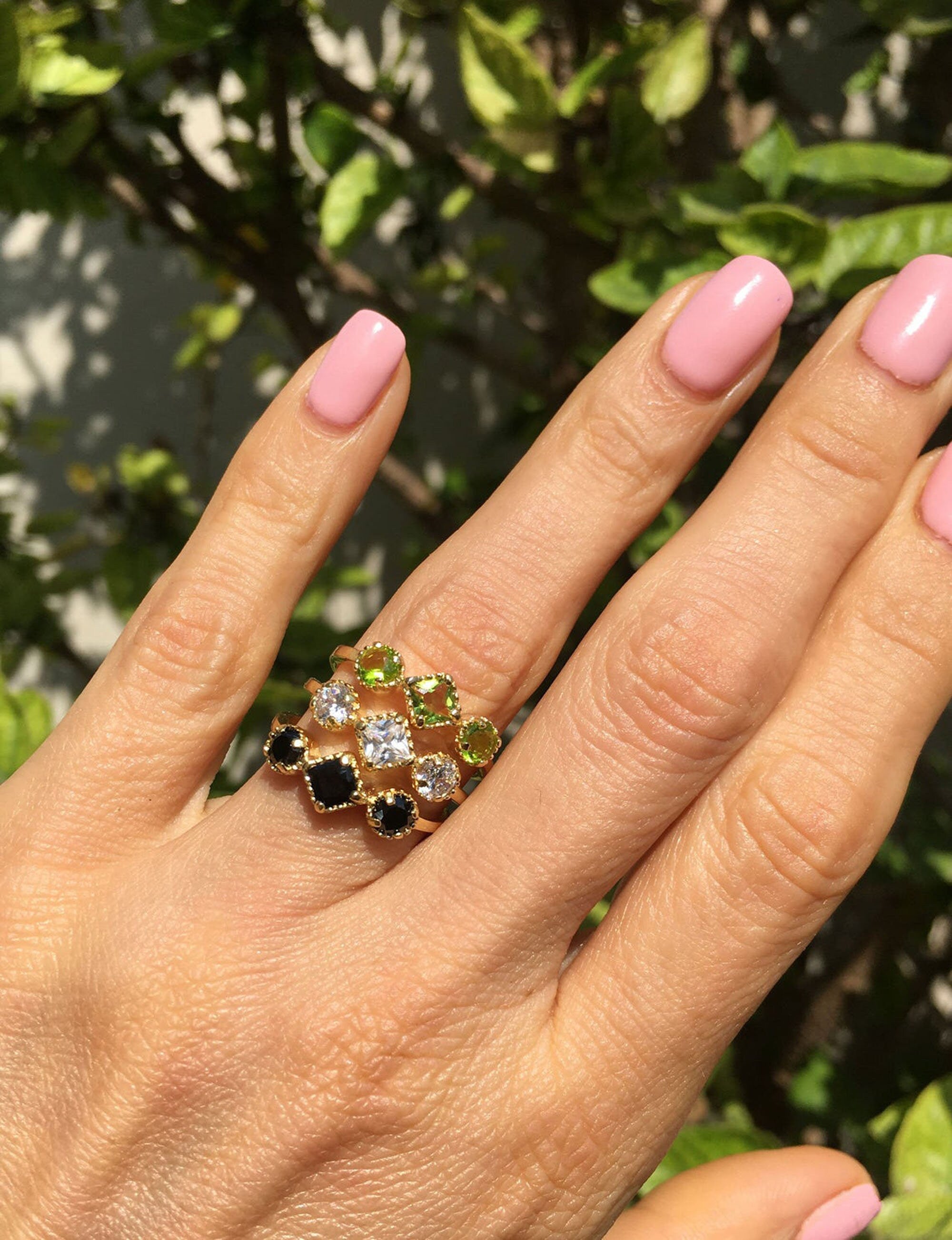 Square and Round Red Garnet Three-Stone Ring - H.L.Jewelry