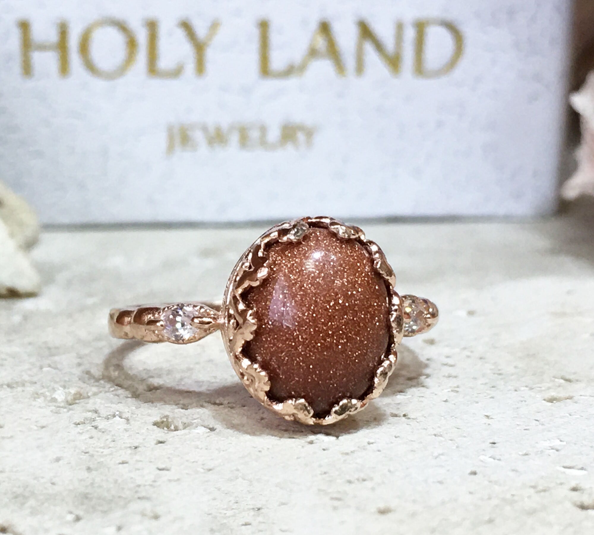 Sunstone Vintage Oval Crown Ring with Clear Quartz Accents - H.L.Jewelry