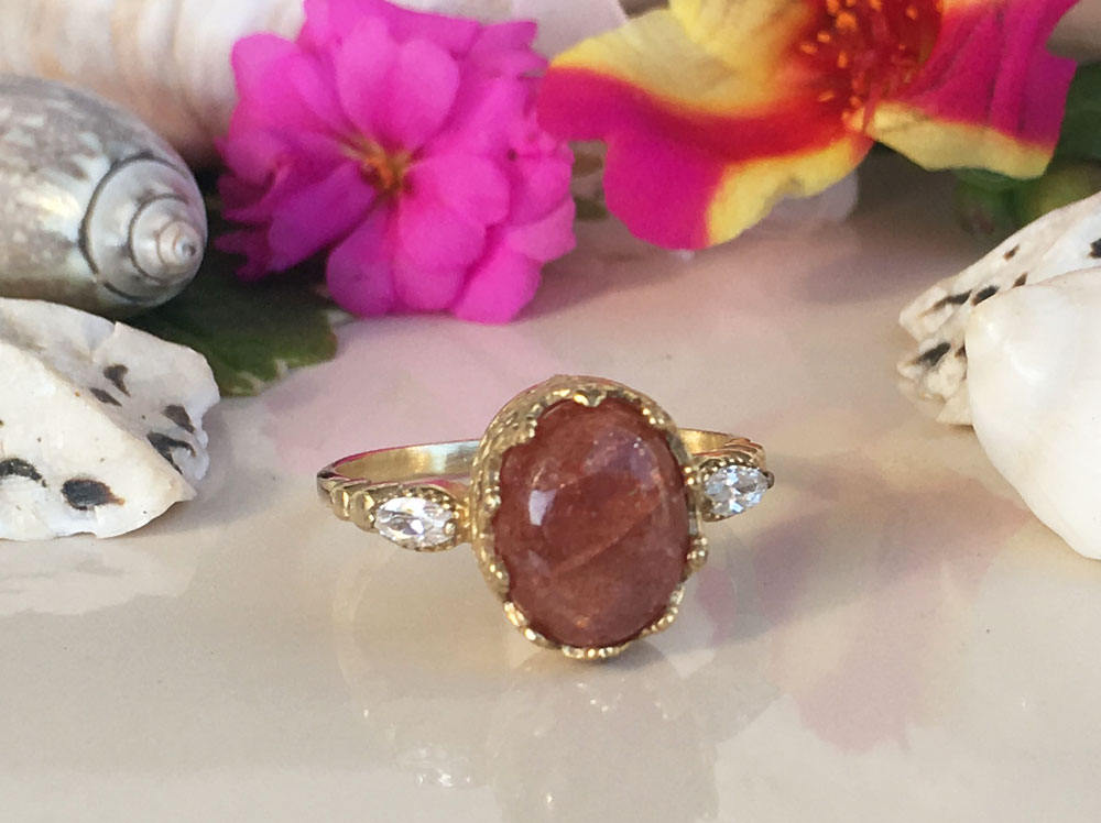 Sunstone Vintage Oval Crown Ring with Clear Quartz Accents - H.L.Jewelry