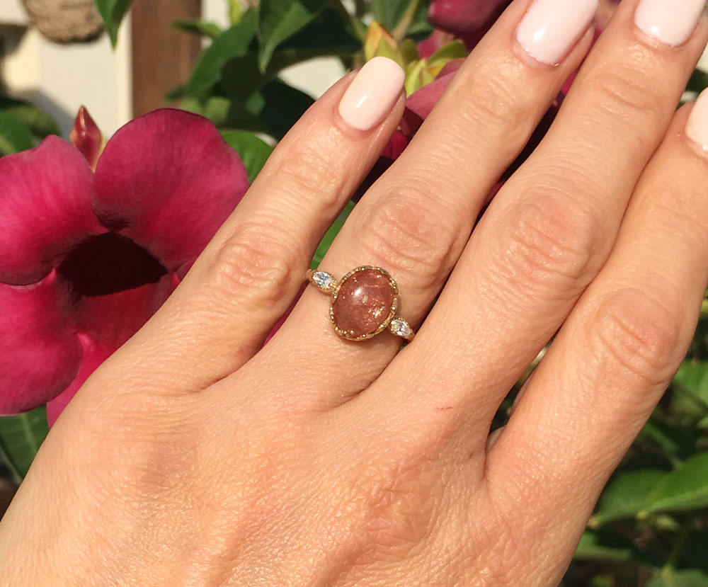 Sunstone Vintage Oval Crown Ring with Clear Quartz Accents - H.L.Jewelry