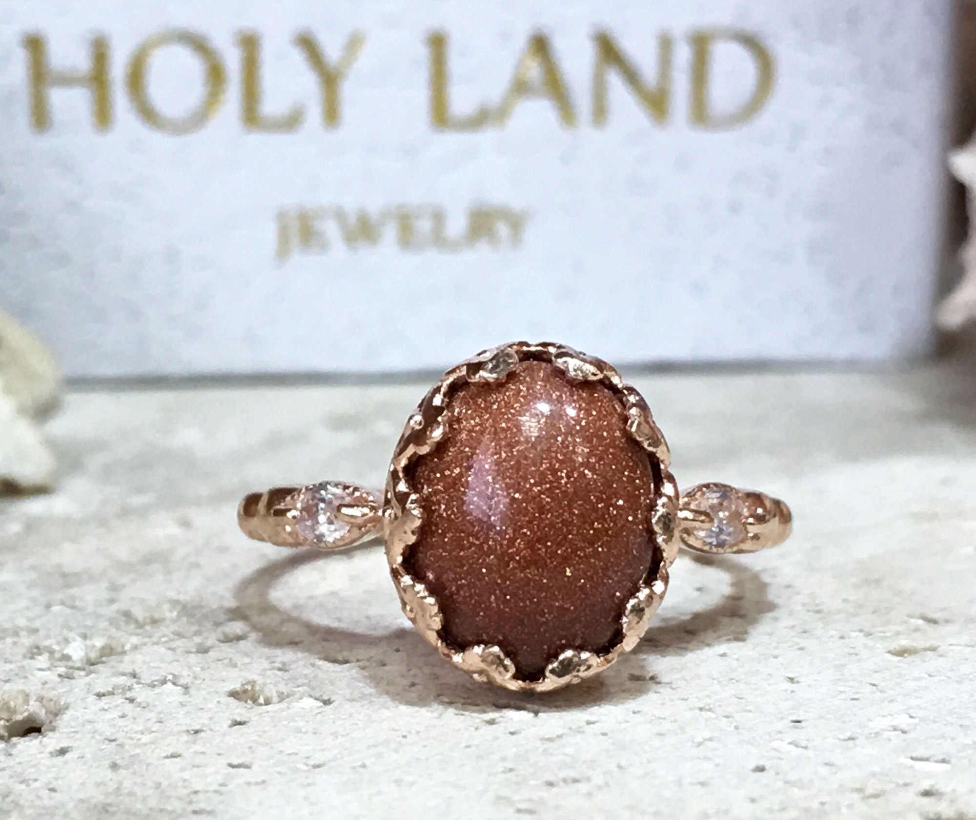 Sunstone Vintage Oval Crown Ring with Clear Quartz Accents - H.L.Jewelry