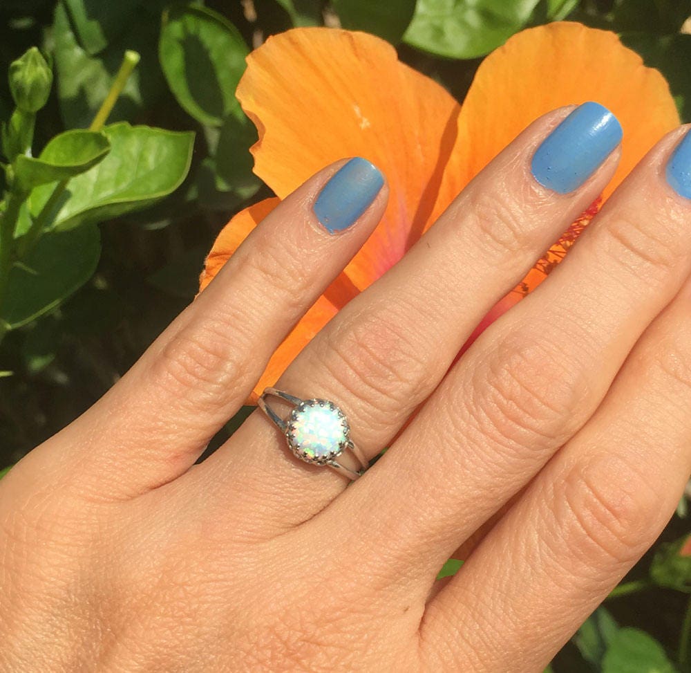 White Opal Double Band Round Crown Ring - H.L.Jewelry