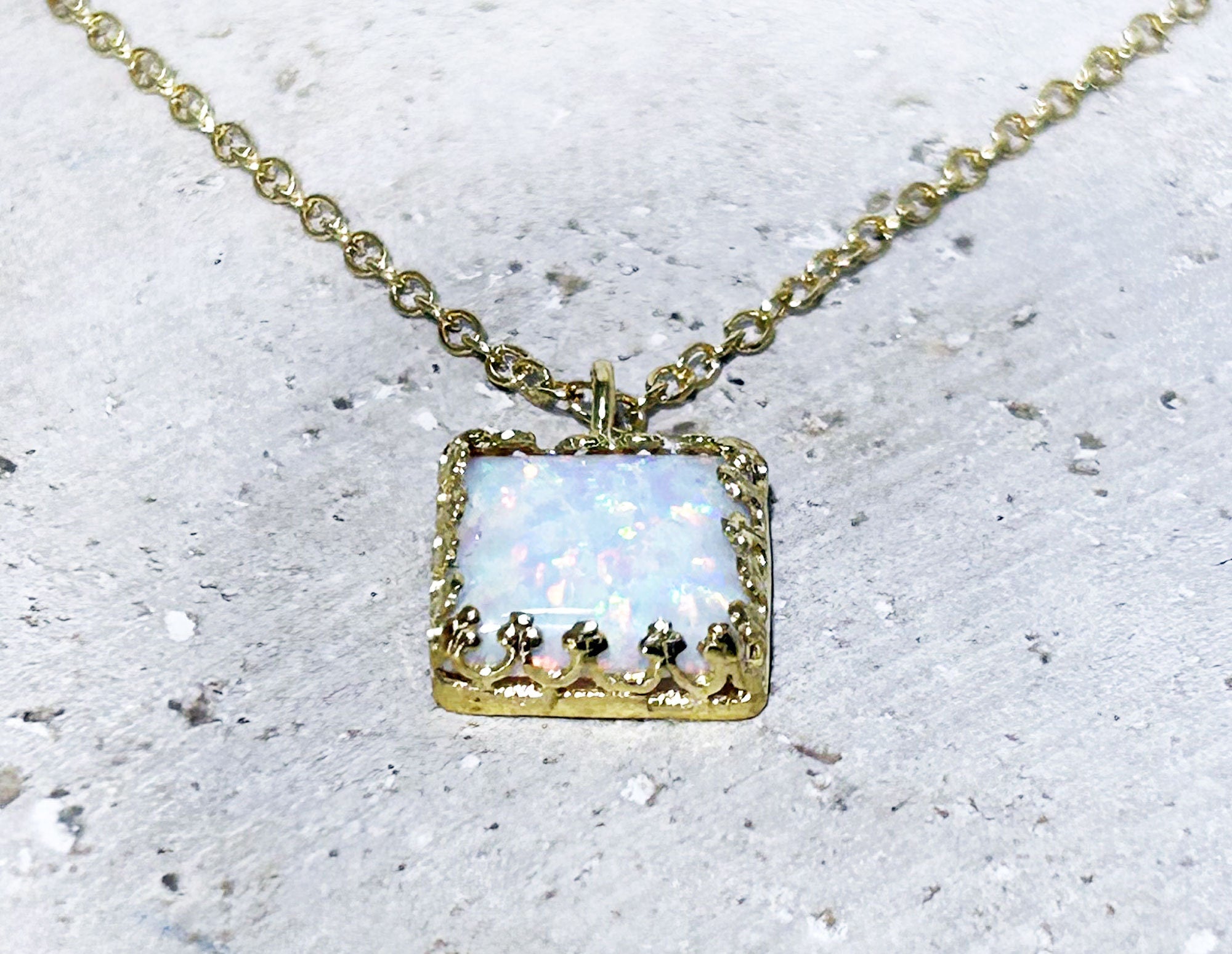 White Opal Square Crown Delicate Chain Necklace - H.L.Jewelry