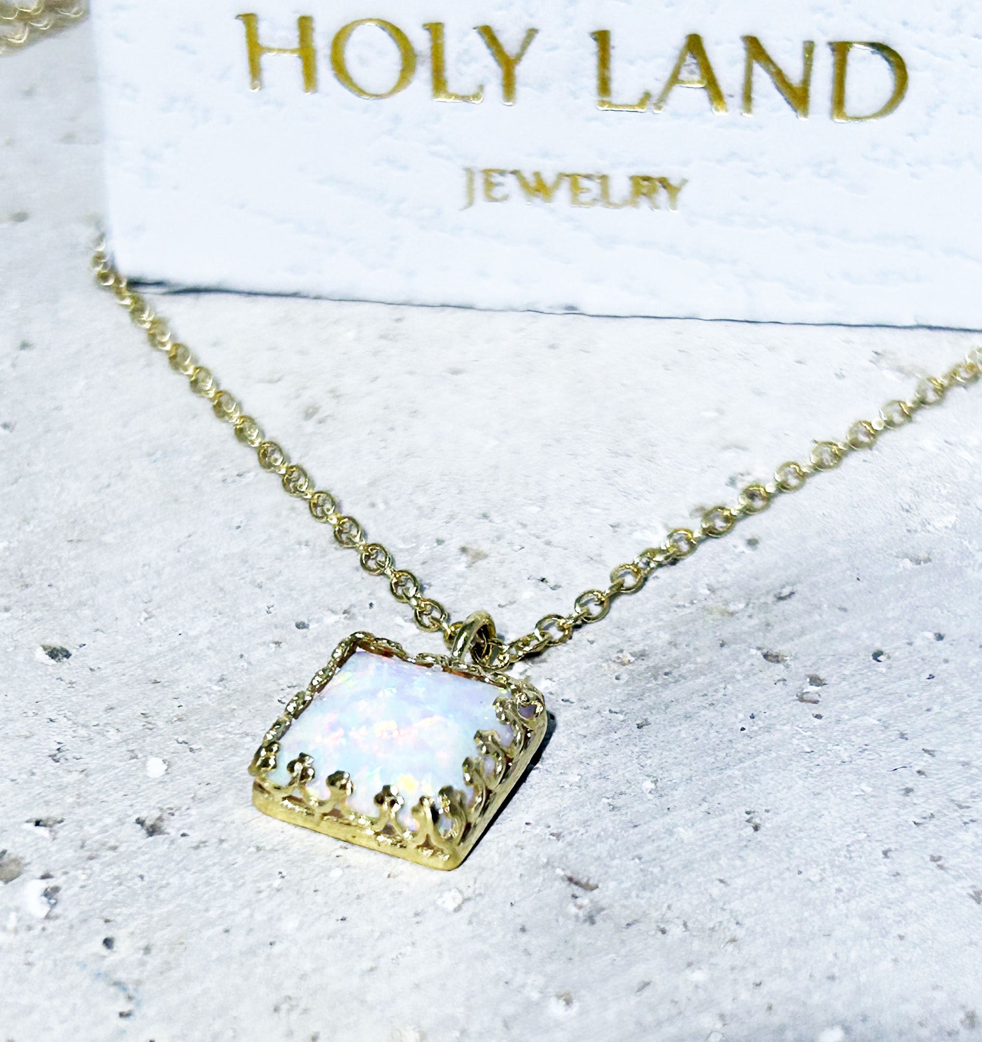 White Opal Square Crown Delicate Chain Necklace - H.L.Jewelry
