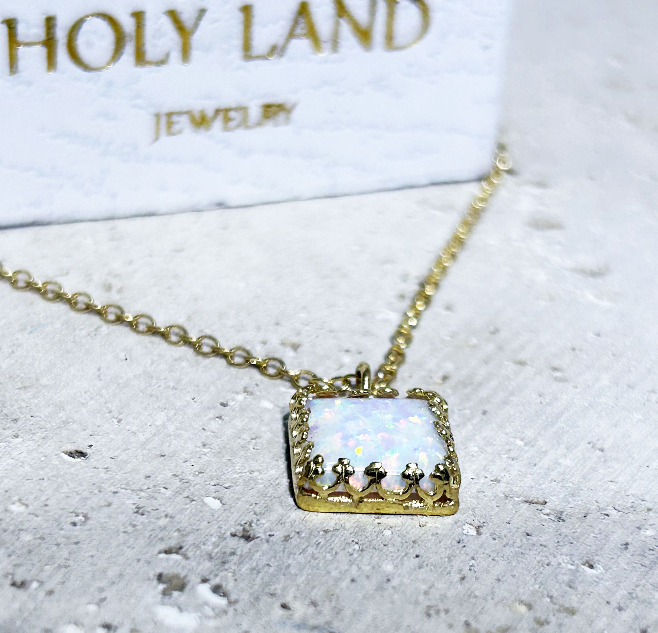 White Opal Square Crown Delicate Chain Necklace - H.L.Jewelry