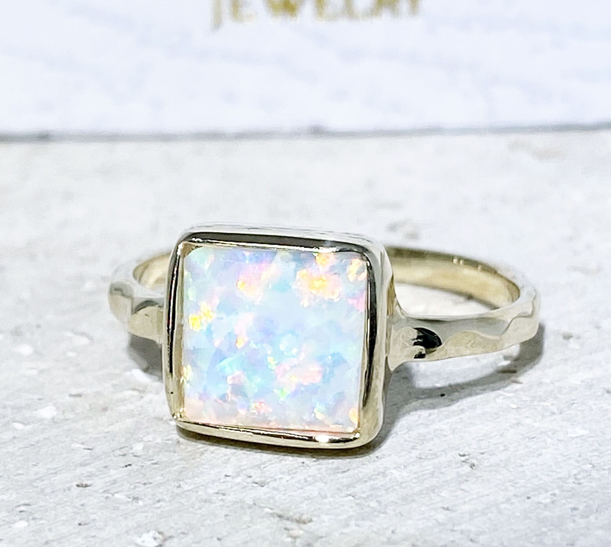 White Opal Square Stone Simple Hammered Band Ring - H.L.Jewelry