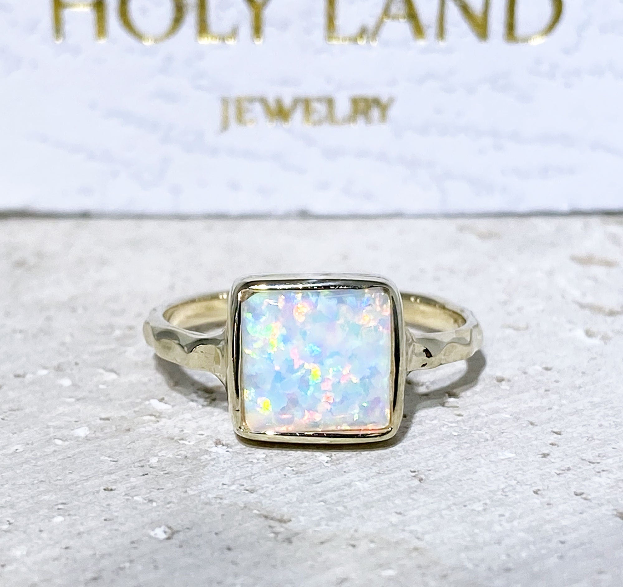 White Opal Square Stone Simple Hammered Band Ring - H.L.Jewelry